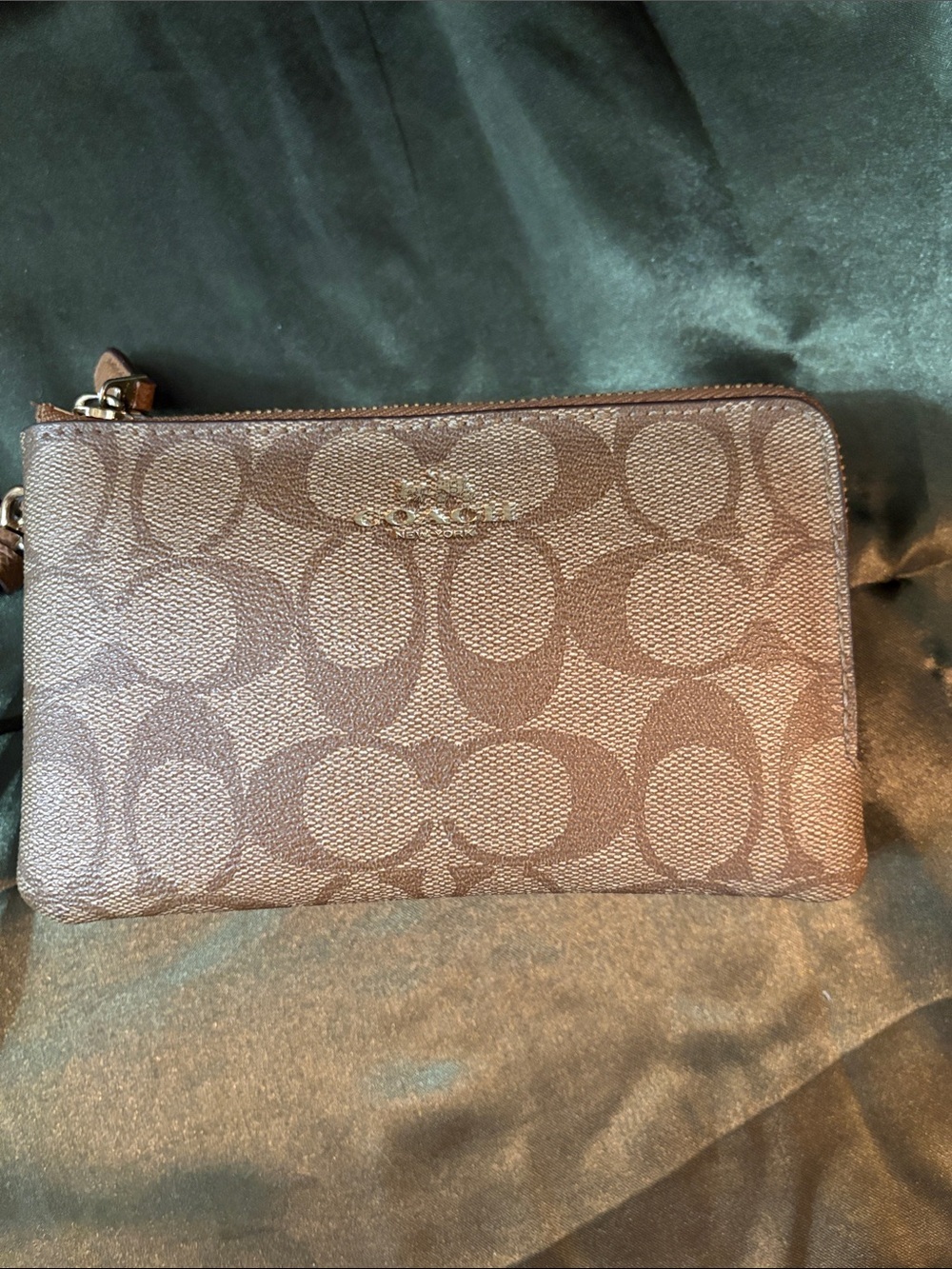 Coach Signature Canvas Double Corner Zip Wristlet in Tan and Brown - Picture 3 of 13